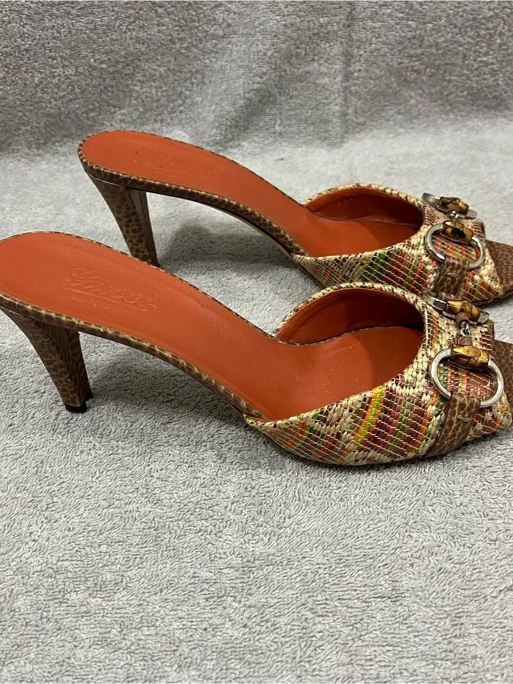 Gucci Multicolor Raffia Bamboo Horsebit Mules size 38 - Picture 3 of 11